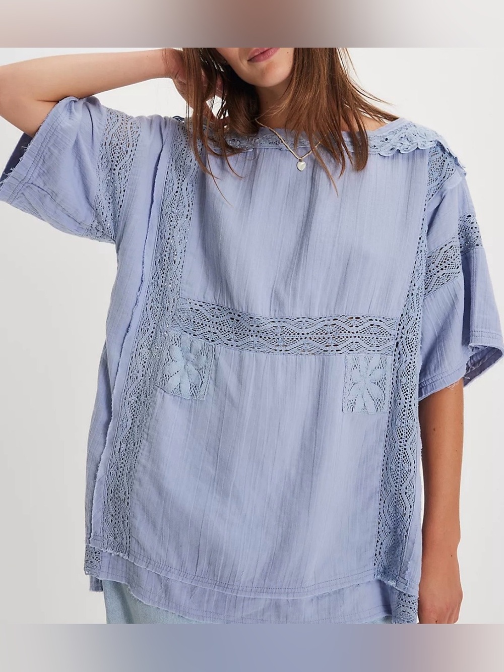 We the Free Rustic  Romance Boho Short Sleeve Lace Top in Dusty Blue Oversized M - Picture 3 of 15